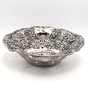 Silver Plated Filigree Repousse Bowl Dish Roses and Hearts Victorian Revival